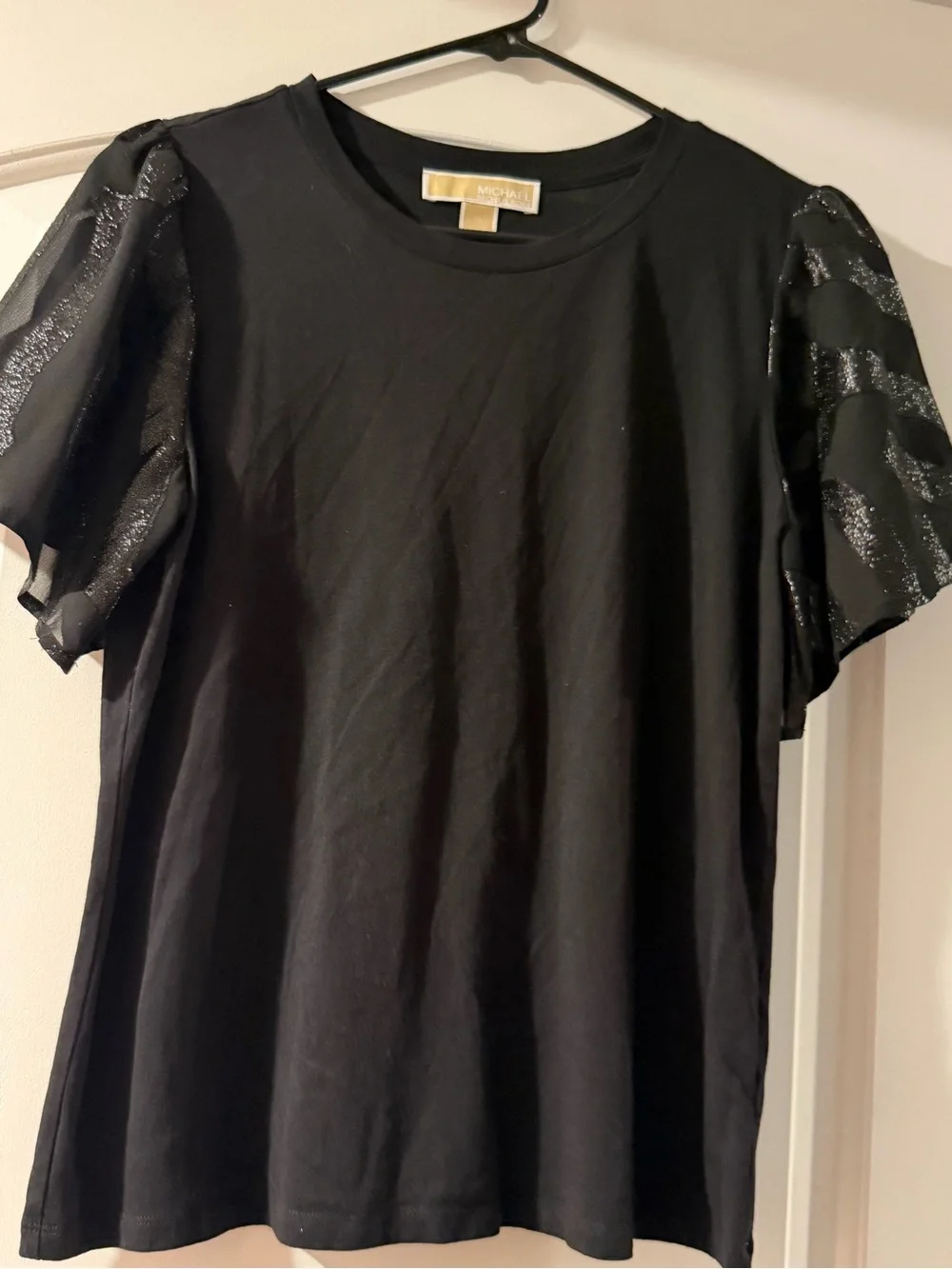 Michael Kors Black Tee with Sheer Metallic Puff Sleeves
